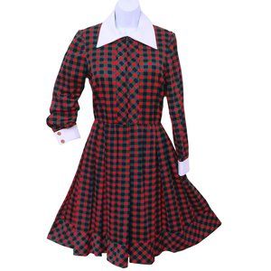 Vintage 60s Anjac Jack Needleman Checked Dress -M(8) Zip-Front Collar Red Teal